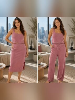 George 3‑Piece Ribbed Knit Lounge Set – Dusty Rose (Top, Pants & Skirt) -SM/L